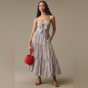 Anthropologie White Floral Strapless Maxi Dress with Tie Front